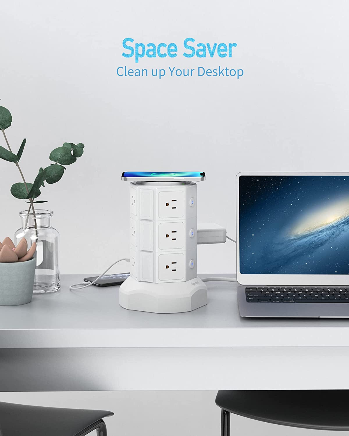 Revolutionize Your Charging Experience with the SUPERDANNY Power Strip Tower - Featuring 15W Magnetic Wireless Charger, 12 AC Outlets, 6 USB Ports, and 6.5Ft Retractable Cord in Sleek White Design