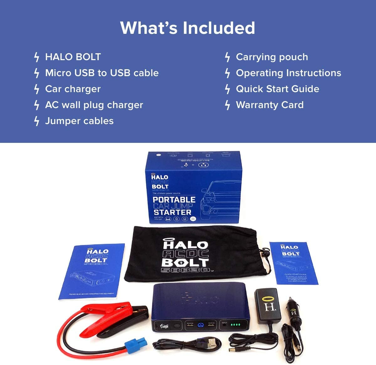 HALO Bolt 58830 Mwh Portable Phone Laptop Charger Car Jump Starter with AC Outlet and Car Charger, Usb