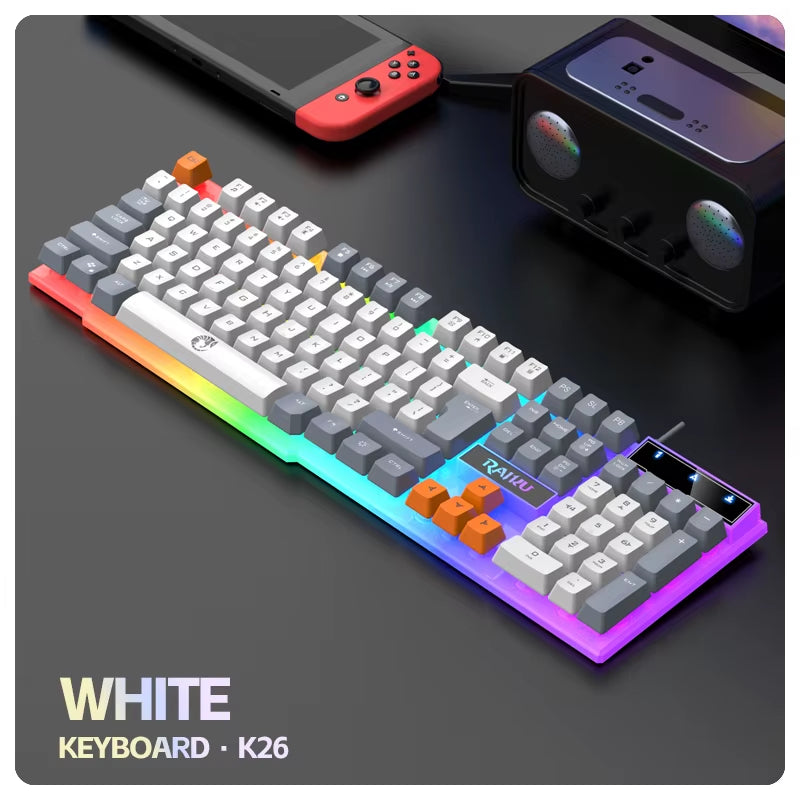 Single Keyboard and Keyboard Mouse RAIKU T26 Three Tone Luminous Keyboard Mouse Wired Mechanical Touch Gaming Mouse Keyboard Set
