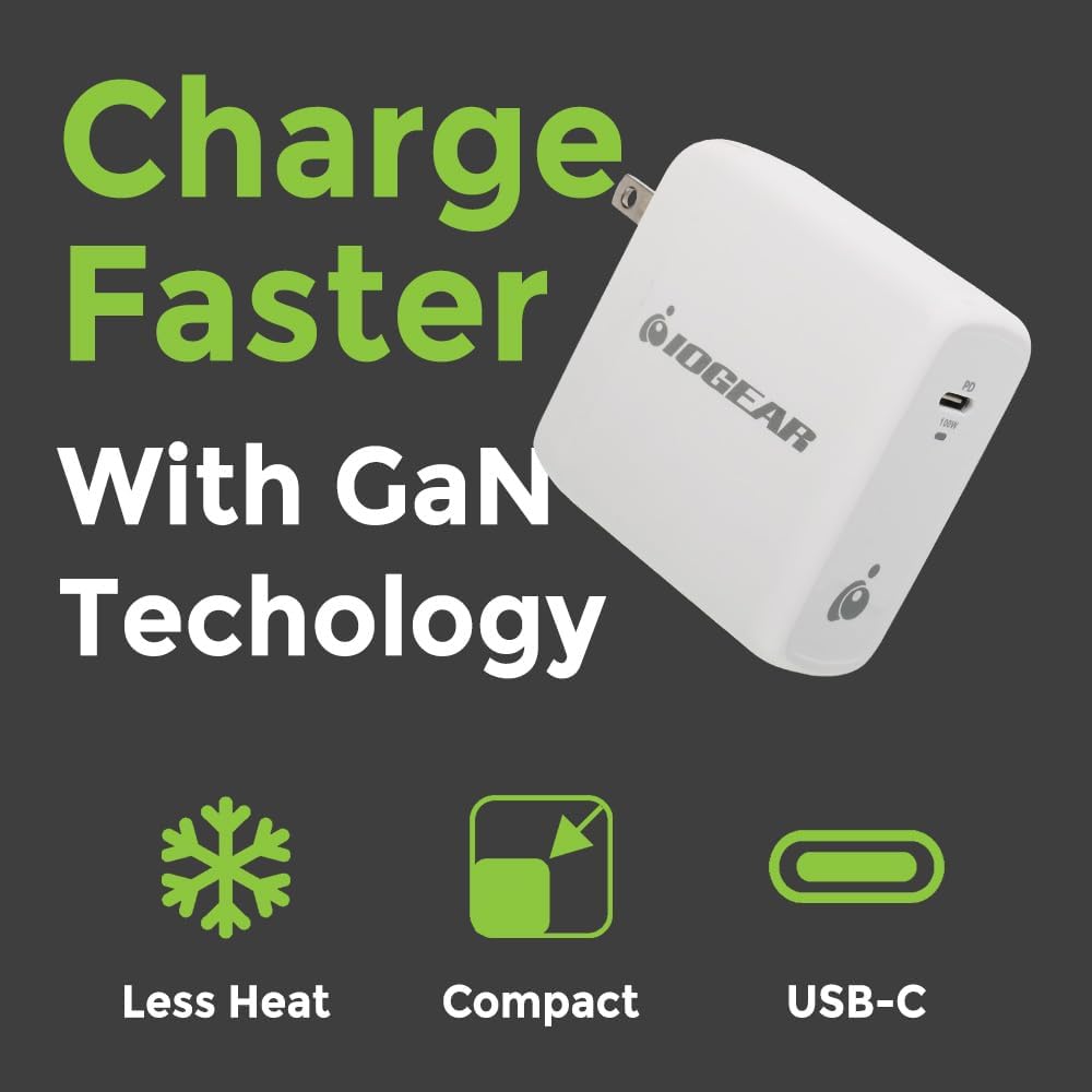 IOGEAR 100W USB-C GaN Wall Charger, Compact PD 3.0 Fast Charger with Foldable Plug, Travel-Ready Power Adapter for MacBook Pro, iPhone 15 Pro Max, Galaxy S24 Ultra, Steam Deck — GPAWC100W