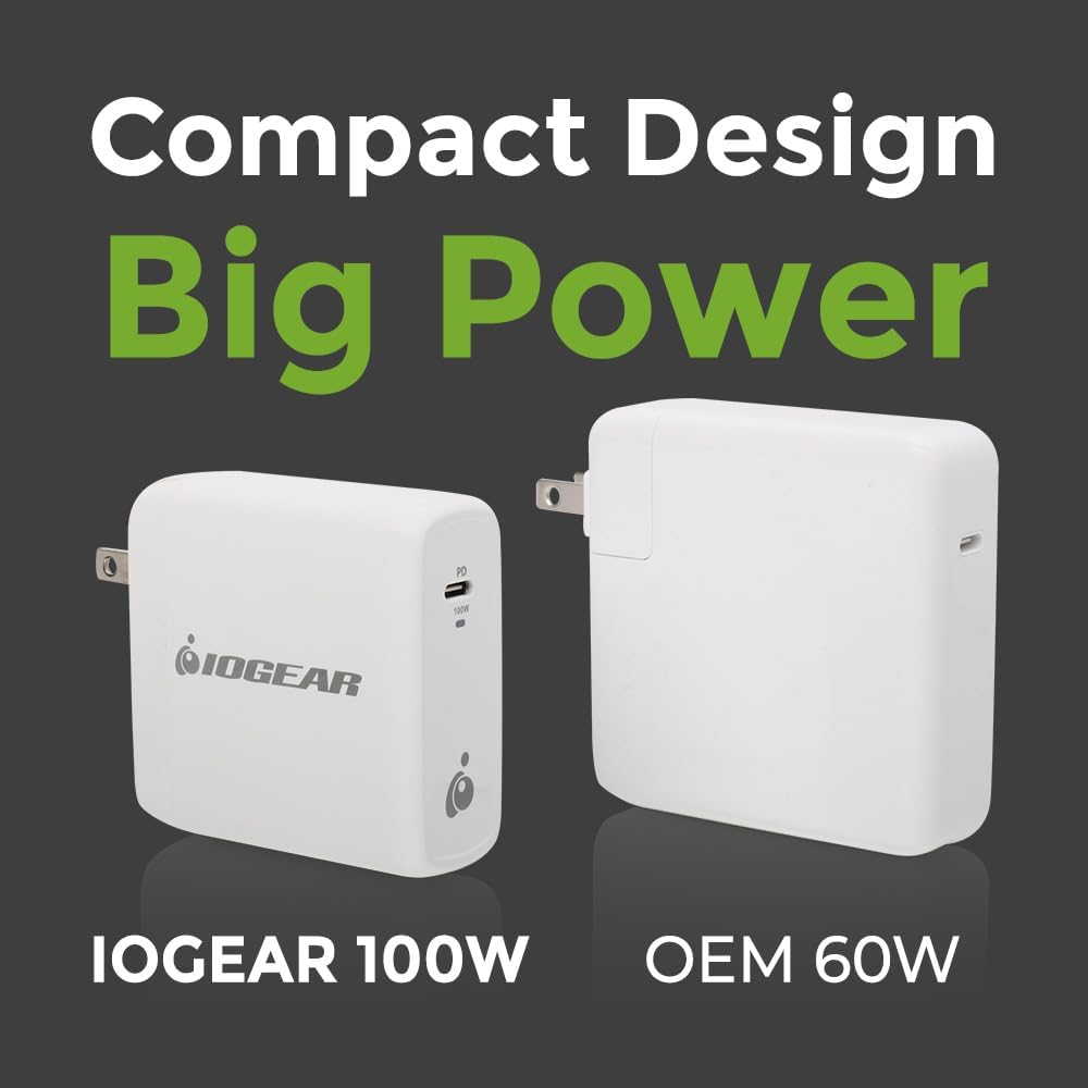IOGEAR 100W USB-C GaN Wall Charger, Compact PD 3.0 Fast Charger with Foldable Plug, Travel-Ready Power Adapter for MacBook Pro, iPhone 15 Pro Max, Galaxy S24 Ultra, Steam Deck — GPAWC100W
