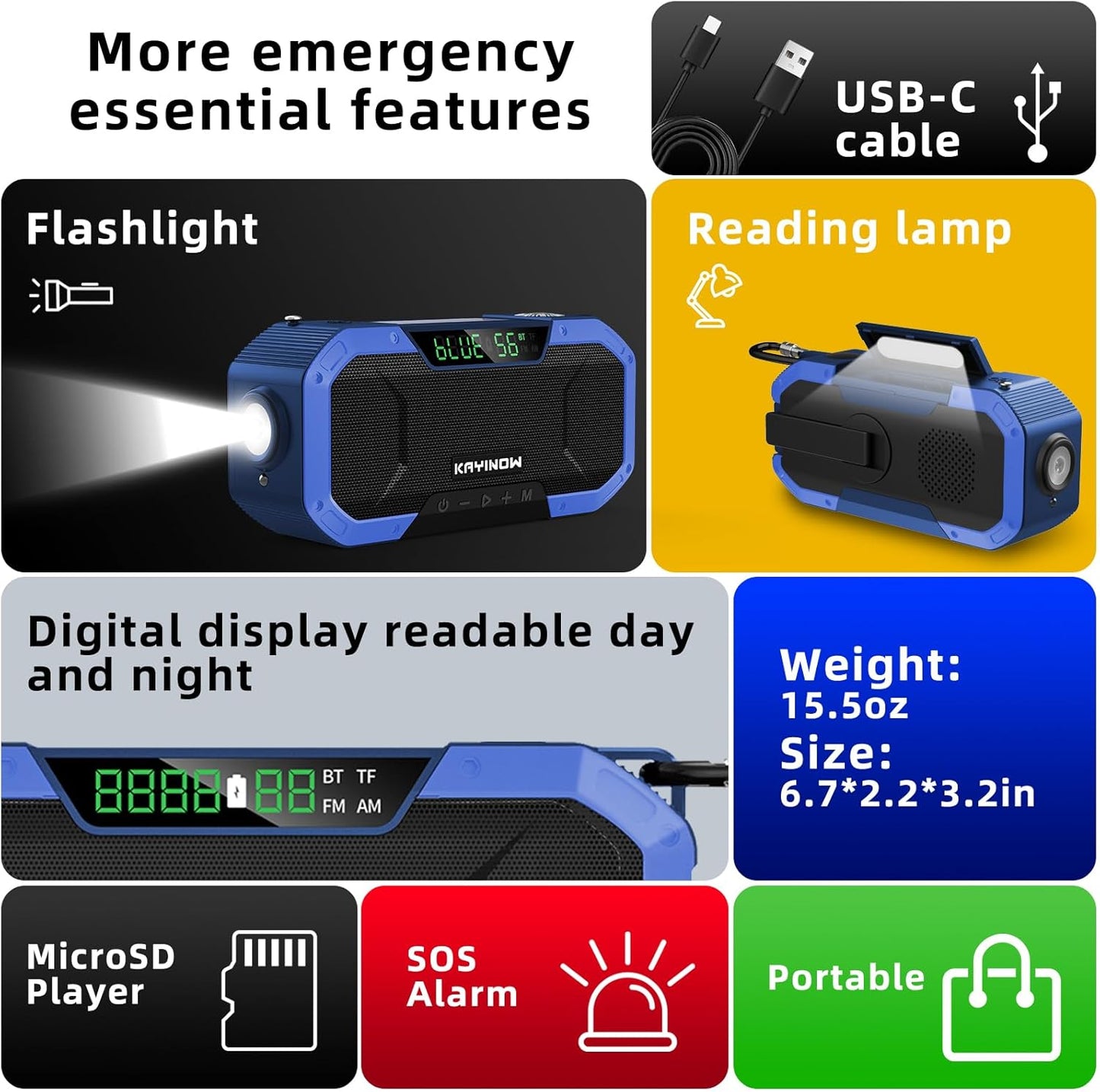 Auto Scan Emergency Weather Radio with Bluetooth Speaker NOAA FM Am,5000Mah Phong Power Bank with Usb-C/Hank Crank/Solar,Flashlight,Microsd Playback,Sos Alarm for Indoor/Outdoor Emergencies Survival