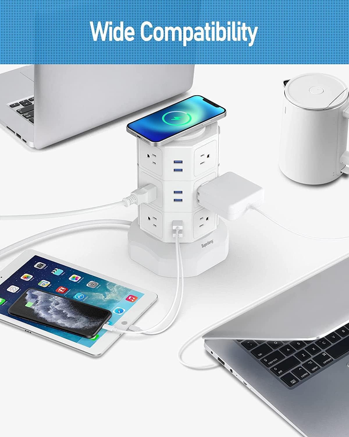 Revolutionize Your Charging Experience with the SUPERDANNY Power Strip Tower - Featuring 15W Magnetic Wireless Charger, 12 AC Outlets, 6 USB Ports, and 6.5Ft Retractable Cord in Sleek White Design