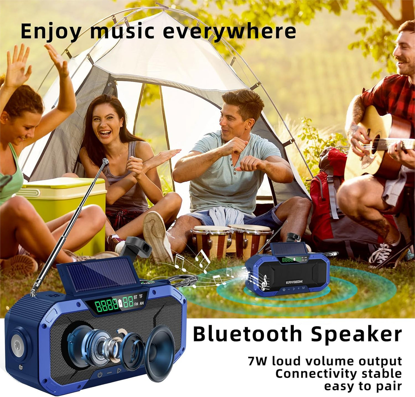 Auto Scan Emergency Weather Radio with Bluetooth Speaker NOAA FM Am,5000Mah Phong Power Bank with Usb-C/Hank Crank/Solar,Flashlight,Microsd Playback,Sos Alarm for Indoor/Outdoor Emergencies Survival