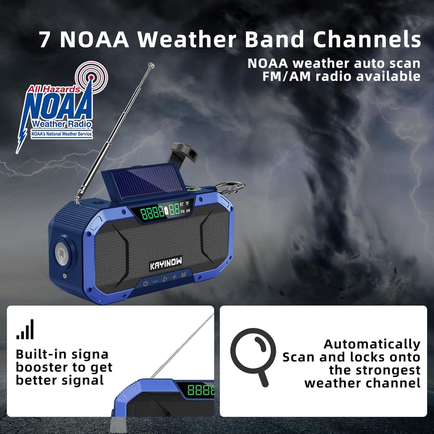 Auto Scan Emergency Weather Radio with Bluetooth Speaker NOAA FM Am,5000Mah Phong Power Bank with Usb-C/Hank Crank/Solar,Flashlight,Microsd Playback,Sos Alarm for Indoor/Outdoor Emergencies Survival