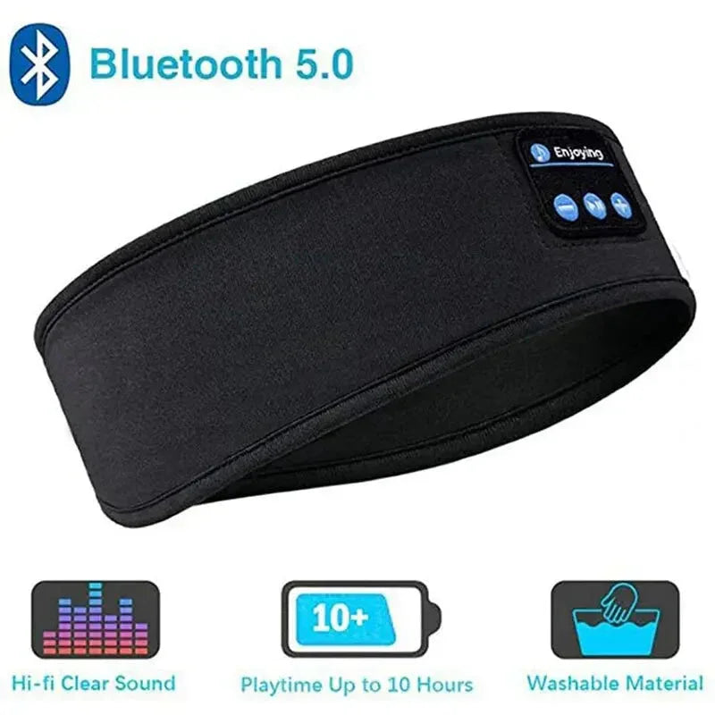 Black bluetooth sleep headband with Bluetooth 5.0, hi-fi sound, 10 hour playtime, and washable material
