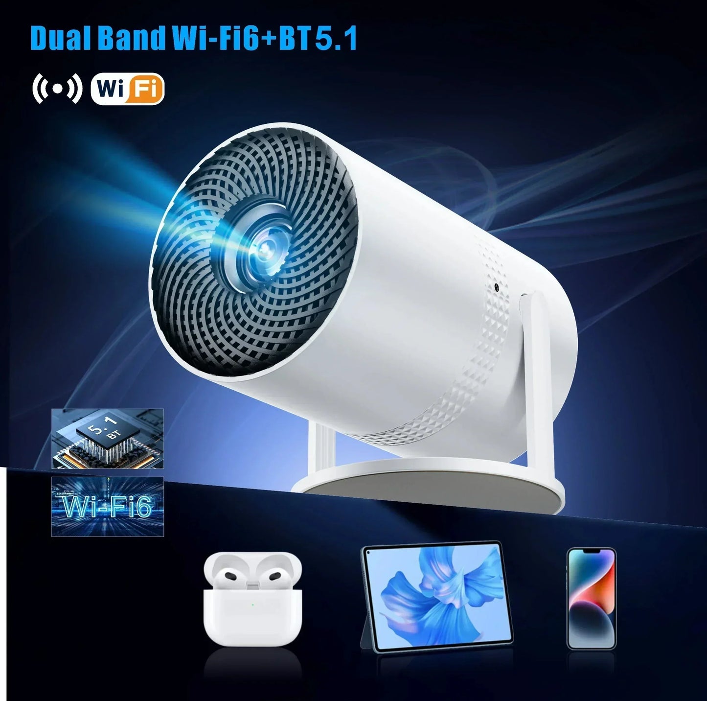 Mini portable projector 4k with dual band Wi-Fi6 and Bluetooth 5.1 in white compact design