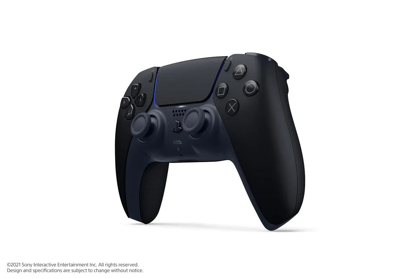 PS5 DualSense wireless controller midnight black shown at an angle with buttons and analog sticks visible