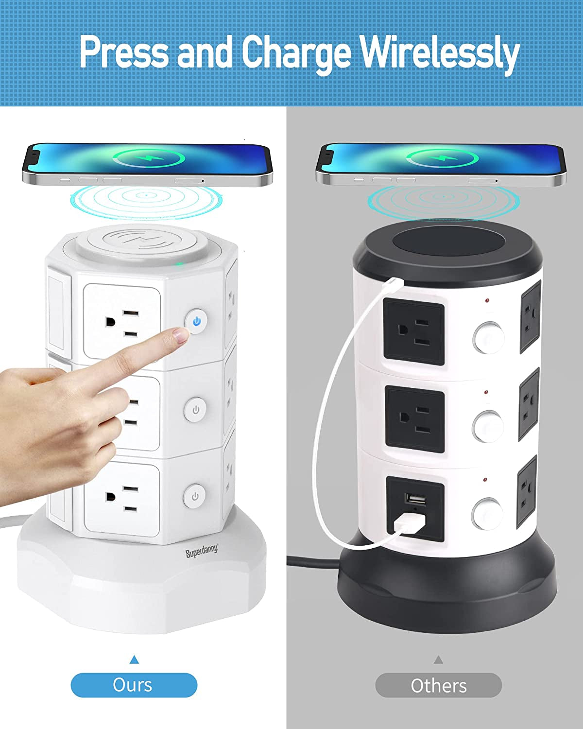 Revolutionize Your Charging Experience with the SUPERDANNY Power Strip Tower - Featuring 15W Magnetic Wireless Charger, 12 AC Outlets, 6 USB Ports, and 6.5Ft Retractable Cord in Sleek White Design