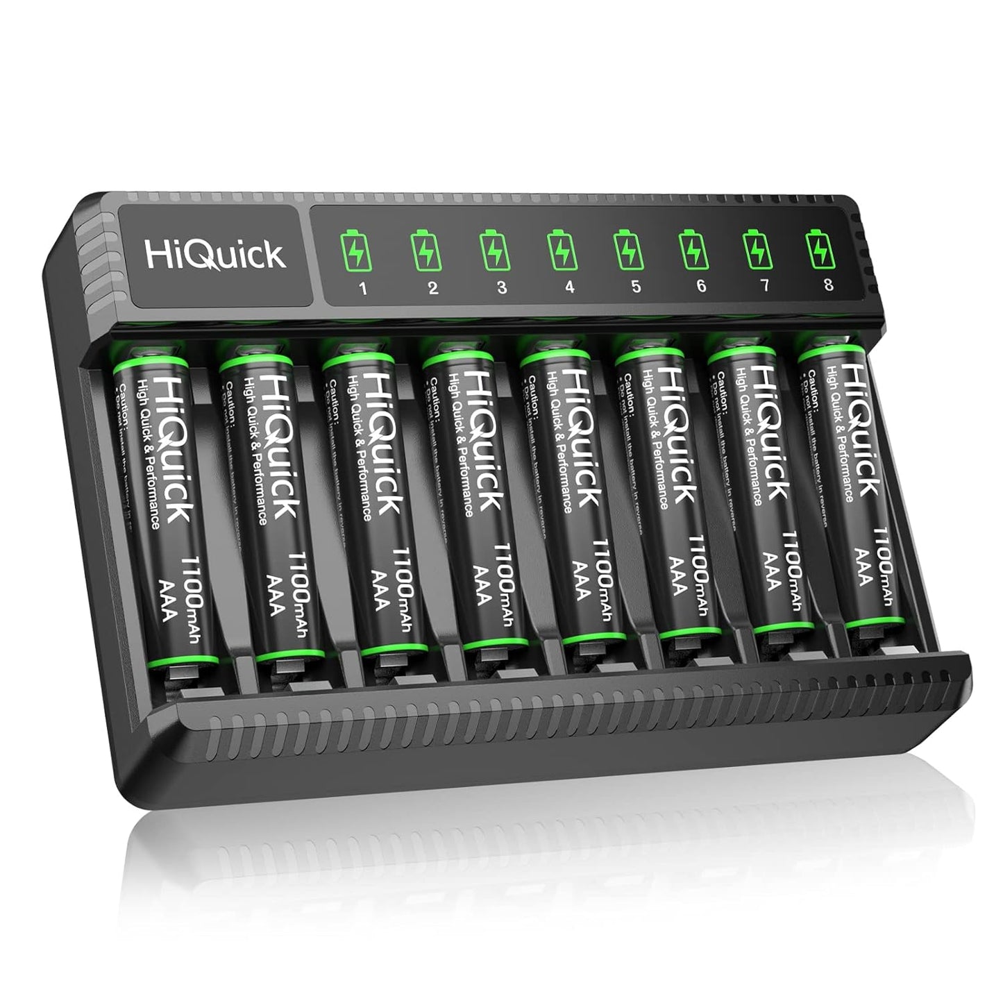 Hiquick 8 Bay Smart Battery Charger with AA & AAA Rechargeable Batteries- Fast Charging Household and 2800Mah Batteries 4 Pack 1100Mah