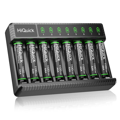 Hiquick 8 Bay Smart Battery Charger with AA & AAA Rechargeable Batteries- Fast Charging Household and 2800Mah Batteries 4 Pack 1100Mah
