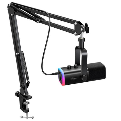 FIFINE AM8T Dynamic XLR USB Gaming Microphone Set for Streaming and Podcasting, Complete RGB Mic Kit with Boom Arm, Mute Button, and Headphone Jack for Vocal Recording and Voice-Over