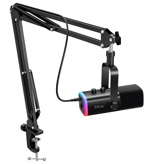 FIFINE AM8T Dynamic XLR USB Gaming Microphone Set for Streaming and Podcasting, Complete RGB Mic Kit with Boom Arm, Mute Button, and Headphone Jack for Vocal Recording and Voice-Over
