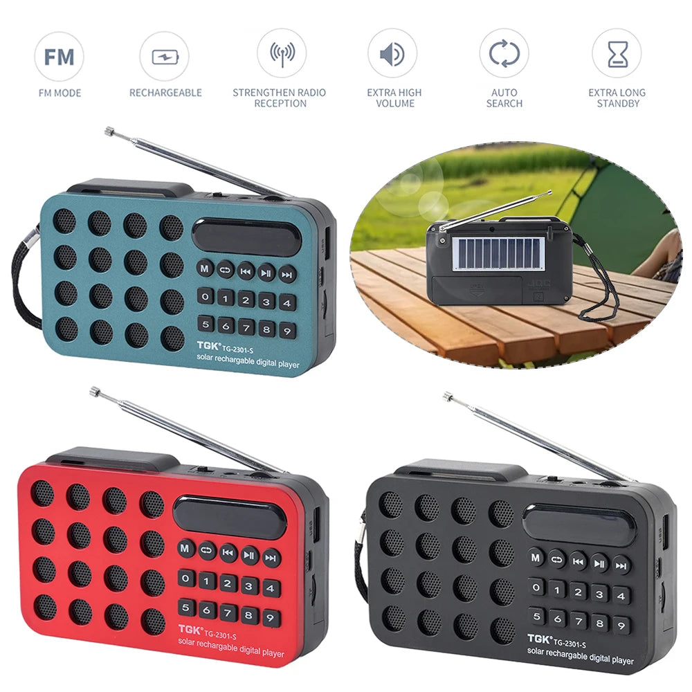 Digital Radio Speaker Music Player Bluetooth-Compatible Solar Charging/Rechargeable Battery Operated MP3 Player Built-In Speaker