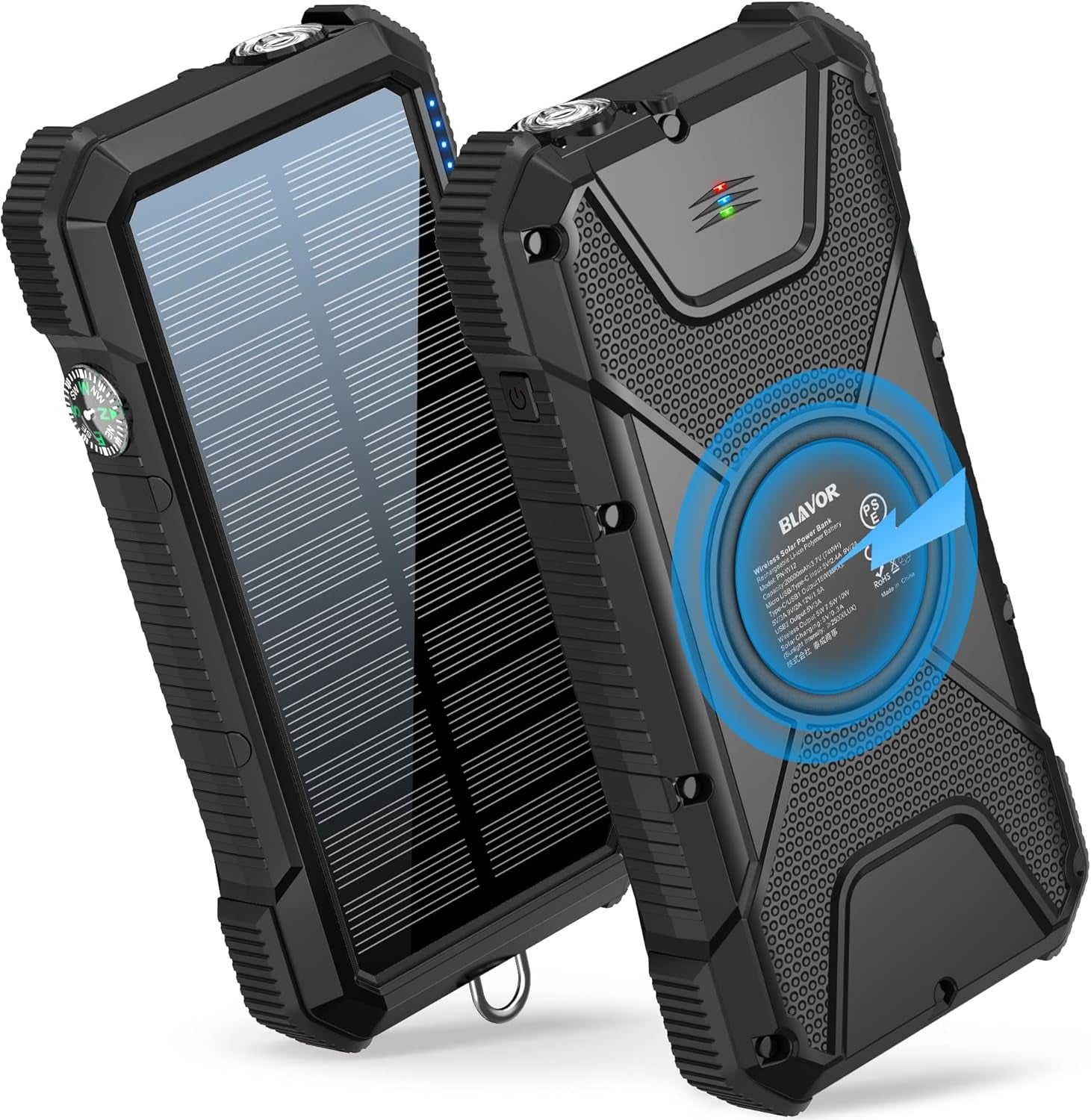 BLAVOR Solar Power Bank, PD18W QC3.0 Fast Charging 10W Wireless Charger 20000Mah Solar Powered Powerbank with Type C Input/Output, IPX5 Waterproof, Camping Flashlight, Compass, Carabiner