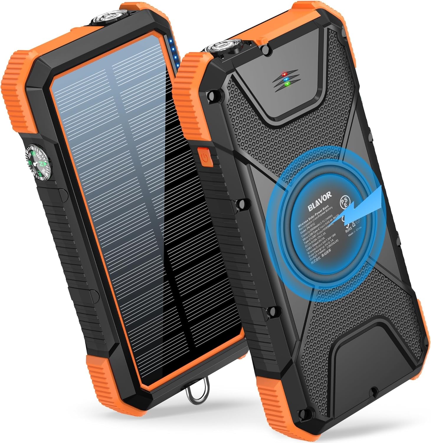 BLAVOR Solar Power Bank, PD18W QC3.0 Fast Charging 10W Wireless Charger 20000Mah Solar Powered Powerbank with Type C Input/Output, IPX5 Waterproof, Camping Flashlight, Compass, Carabiner