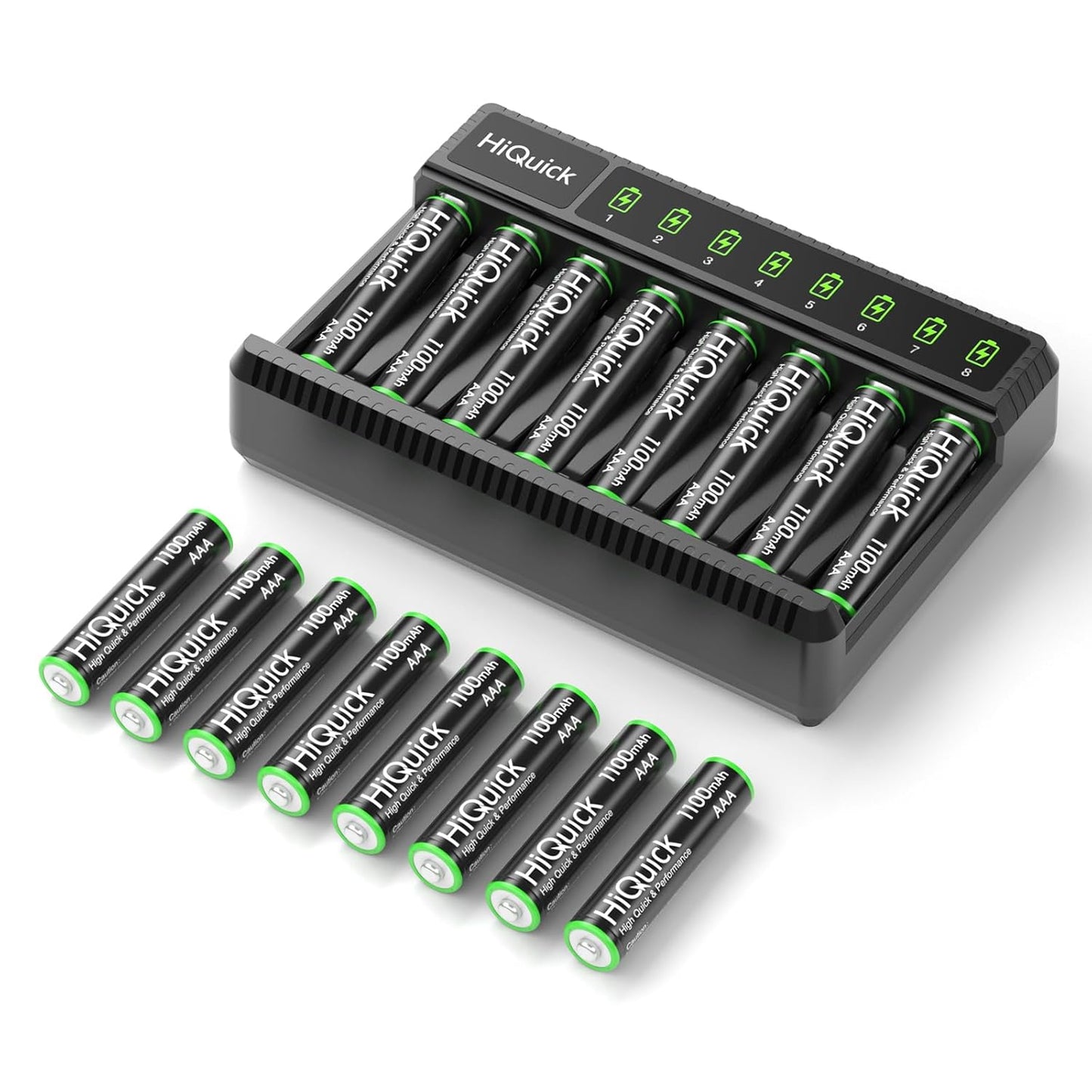 Hiquick 8 Bay Smart Battery Charger with AA & AAA Rechargeable Batteries- Fast Charging Household and 2800Mah Batteries 4 Pack 1100Mah