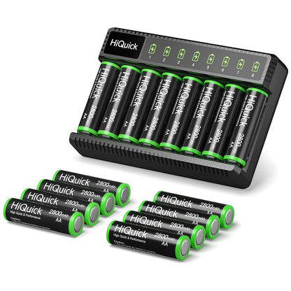 Hiquick 8 Bay Smart Battery Charger with AA & AAA Rechargeable Batteries- Fast Charging Household and 2800Mah Batteries 4 Pack 1100Mah