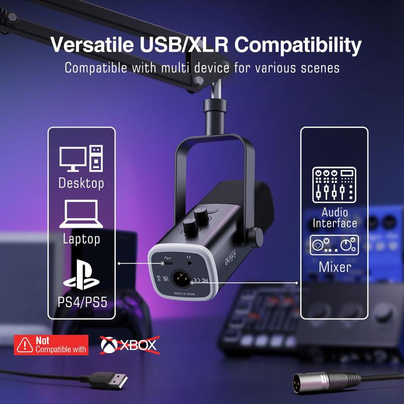 FIFINE AM8T Dynamic XLR USB Gaming Microphone Set for Streaming and Podcasting, Complete RGB Mic Kit with Boom Arm, Mute Button, and Headphone Jack for Vocal Recording and Voice-Over