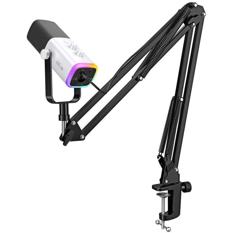 FIFINE AM8T Dynamic XLR USB Gaming Microphone Set for Streaming and Podcasting, Complete RGB Mic Kit with Boom Arm, Mute Button, and Headphone Jack for Vocal Recording and Voice-Over