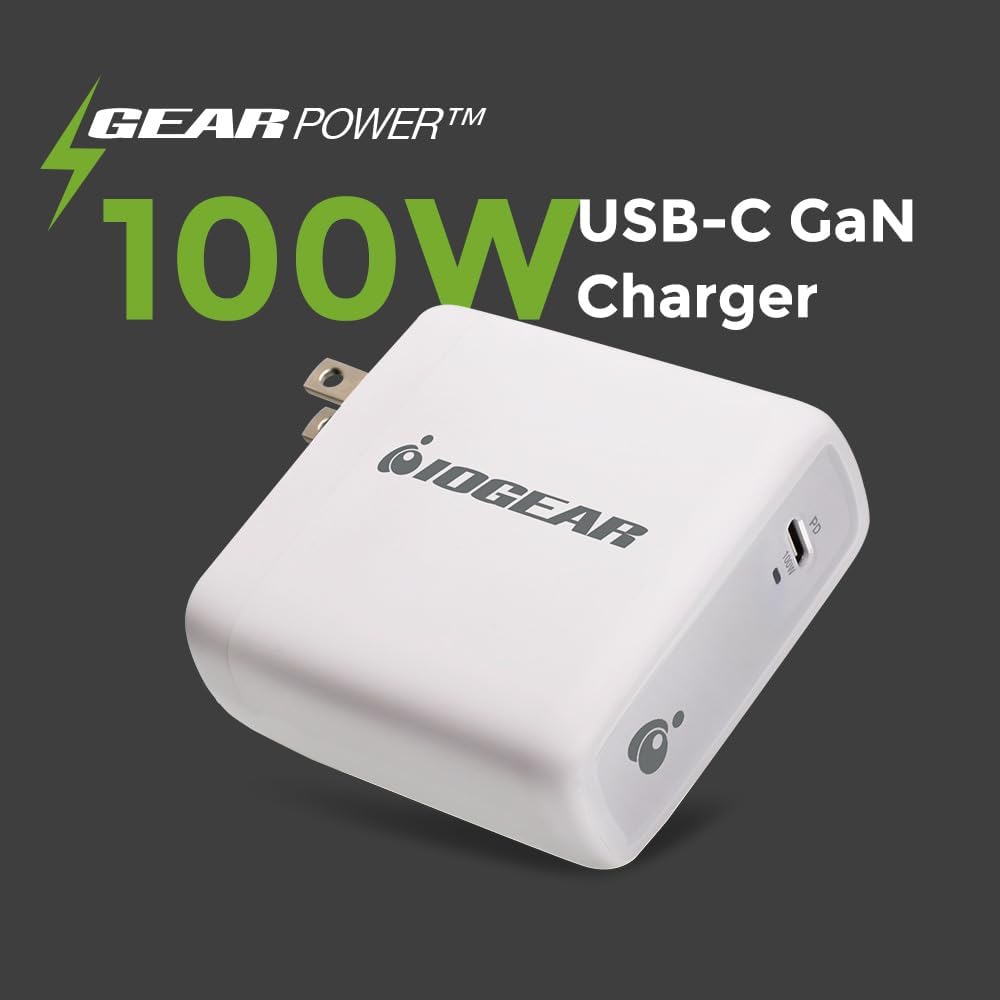 IOGEAR 100W USB-C GaN Wall Charger, Compact PD 3.0 Fast Charger with Foldable Plug, Travel-Ready Power Adapter for MacBook Pro, iPhone 15 Pro Max, Galaxy S24 Ultra, Steam Deck — GPAWC100W