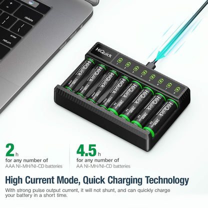 Hiquick 8 Bay Smart Battery Charger with AA & AAA Rechargeable Batteries- Fast Charging Household and 2800Mah Batteries 4 Pack 1100Mah