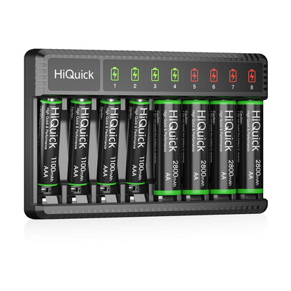 Hiquick 8 Bay Smart Battery Charger with AA & AAA Rechargeable Batteries- Fast Charging Household and 2800Mah Batteries 4 Pack 1100Mah