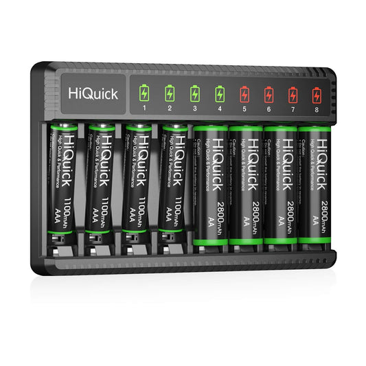 Hiquick 8 Bay Smart Battery Charger with AA & AAA Rechargeable Batteries- Fast Charging Household and 2800Mah Batteries 4 Pack 1100Mah