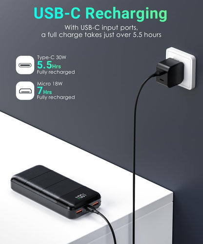 Power-Bank-Portable-Charger - 32000mAh Power Bank Output 5V3A Fast Charger Portable Charger with Built-in LED Display Compatible with Smartphones and All USB Devices (Black)