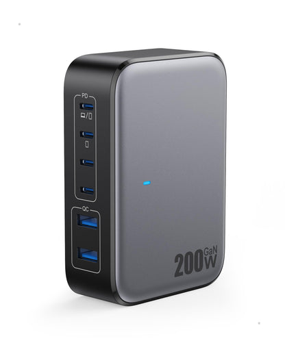 200W USB C Charger Block,GaN IV Charging Station 8 Ports,QC4.0 Fast Charging Station Hub+PD 65W USB C Laptop Charger Adapter Compatible with MacBook Air/Pro,DELL,iPhone 16/15,iPad,Steam Deck-Black
