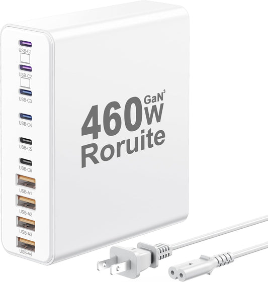 460W USB C Charger Block 10-Port Charging Station GaN Charger Type C,Dual 65W Laptop Multiport Fast for MacBook, iPhone, Samsung, Galaxy, iPad, Android, White