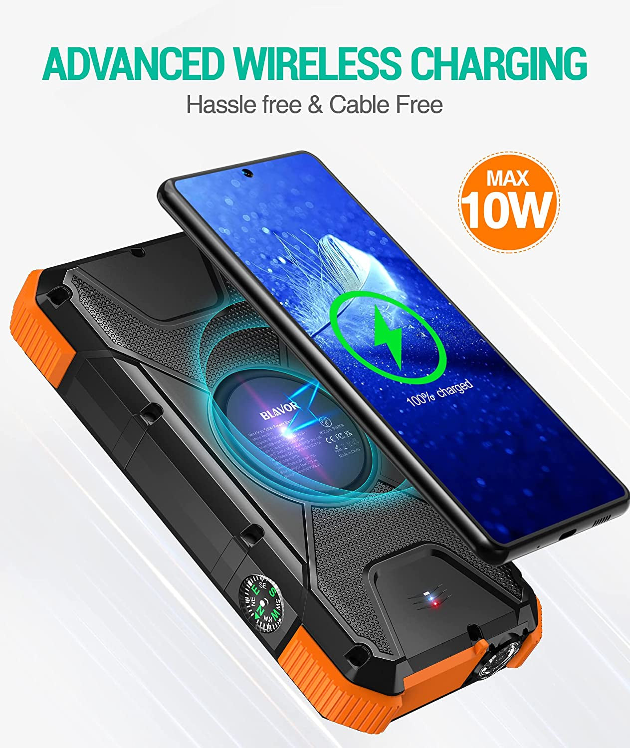 BLAVOR Solar Power Bank, PD18W QC3.0 Fast Charging 10W Wireless Charger 20000Mah Solar Powered Powerbank with Type C Input/Output, IPX5 Waterproof, Camping Flashlight, Compass, Carabiner