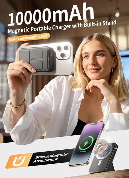 Magnetic Portable Charger, 10000mAh Wireless Power Bank with 20W USB-C Fast Charging, Foldable Stand & LED Display Magnetic Battery Pack, Compatible with iPhone 16/15/14/13/12 All Series