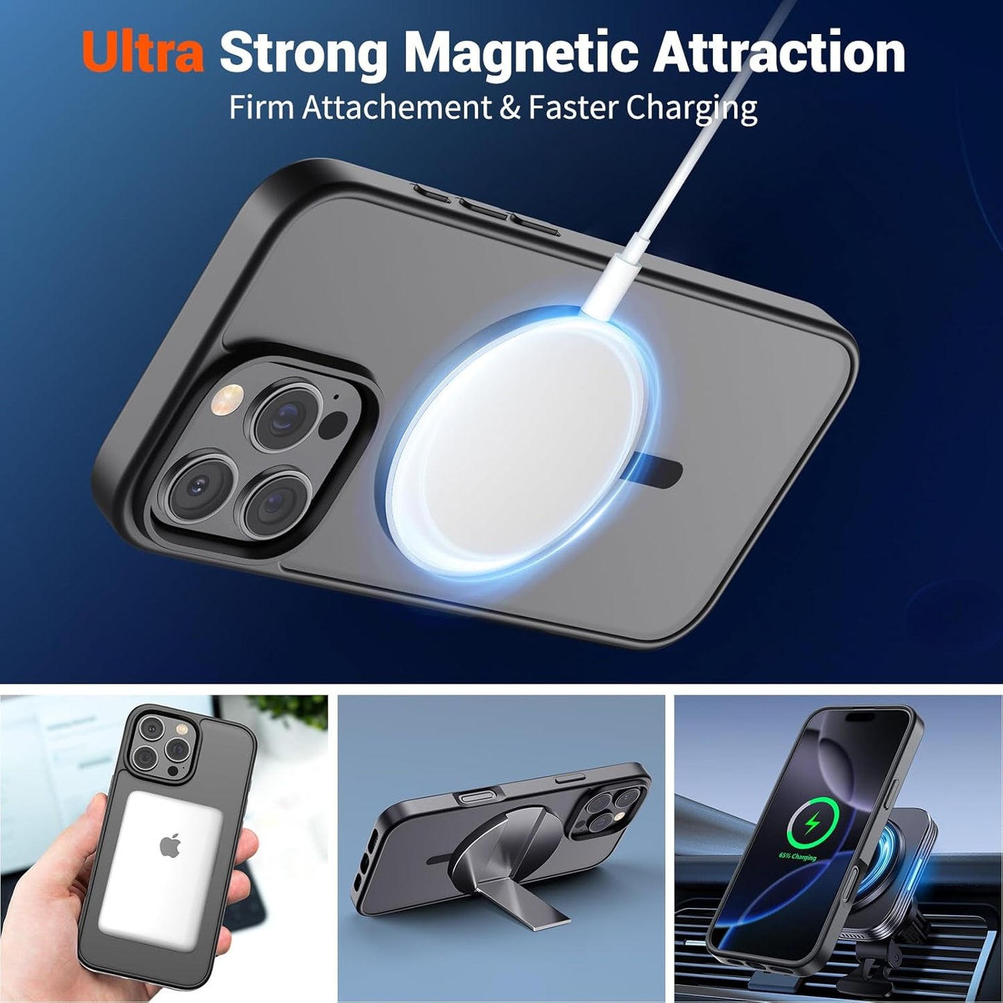 SUPFINE Magnetic for iPhone 16 Pro Max Case (Compatible with MagSafe) (Military Grade Drop Protection) Slim Translucent Matte Shockproof with Anti-Fingerprint Phone Case, Black