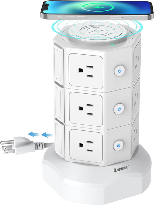 Revolutionize Your Charging Experience with the SUPERDANNY Power Strip Tower - Featuring 15W Magnetic Wireless Charger, 12 AC Outlets, 6 USB Ports, and 6.5Ft Retractable Cord in Sleek White Design
