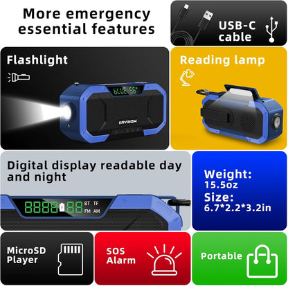 Auto Scan Emergency Weather Radio with Bluetooth Speaker NOAA FM Am,5000Mah Phong Power Bank with Usb-C/Hank Crank/Solar,Flashlight,Microsd Playback,Sos Alarm for Indoor/Outdoor Emergencies Survival