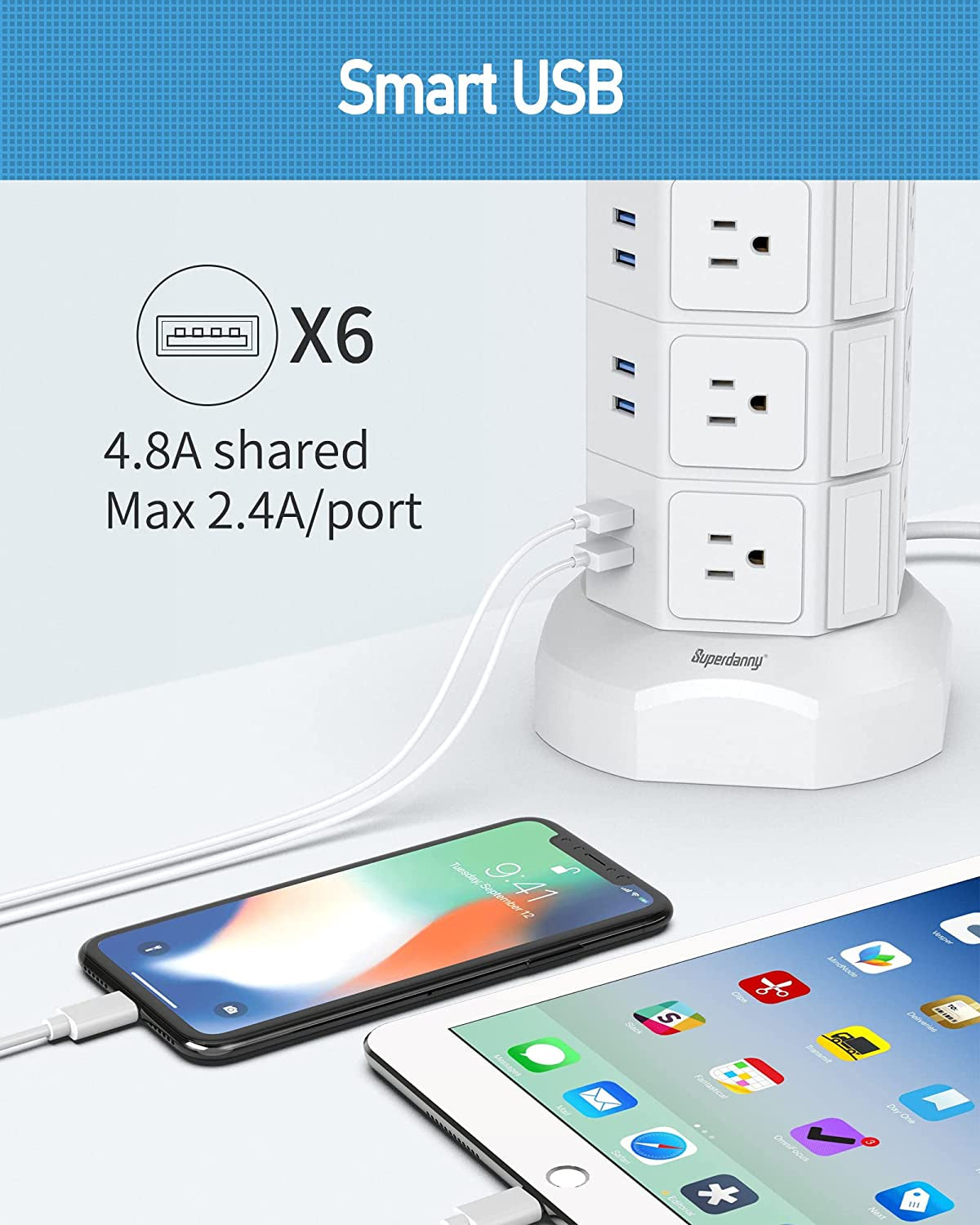 Revolutionize Your Charging Experience with the SUPERDANNY Power Strip Tower - Featuring 15W Magnetic Wireless Charger, 12 AC Outlets, 6 USB Ports, and 6.5Ft Retractable Cord in Sleek White Design