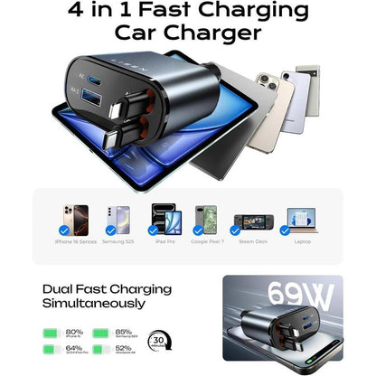 Retractable Car Charger [69W USB C Car Accessories Adapter ] for Iphone 16 USB C Charger Fast Charging, Travel Essentials Gifts for Women Men, Road Trip Essentials for Iphone 16E 16 15 14 13 12