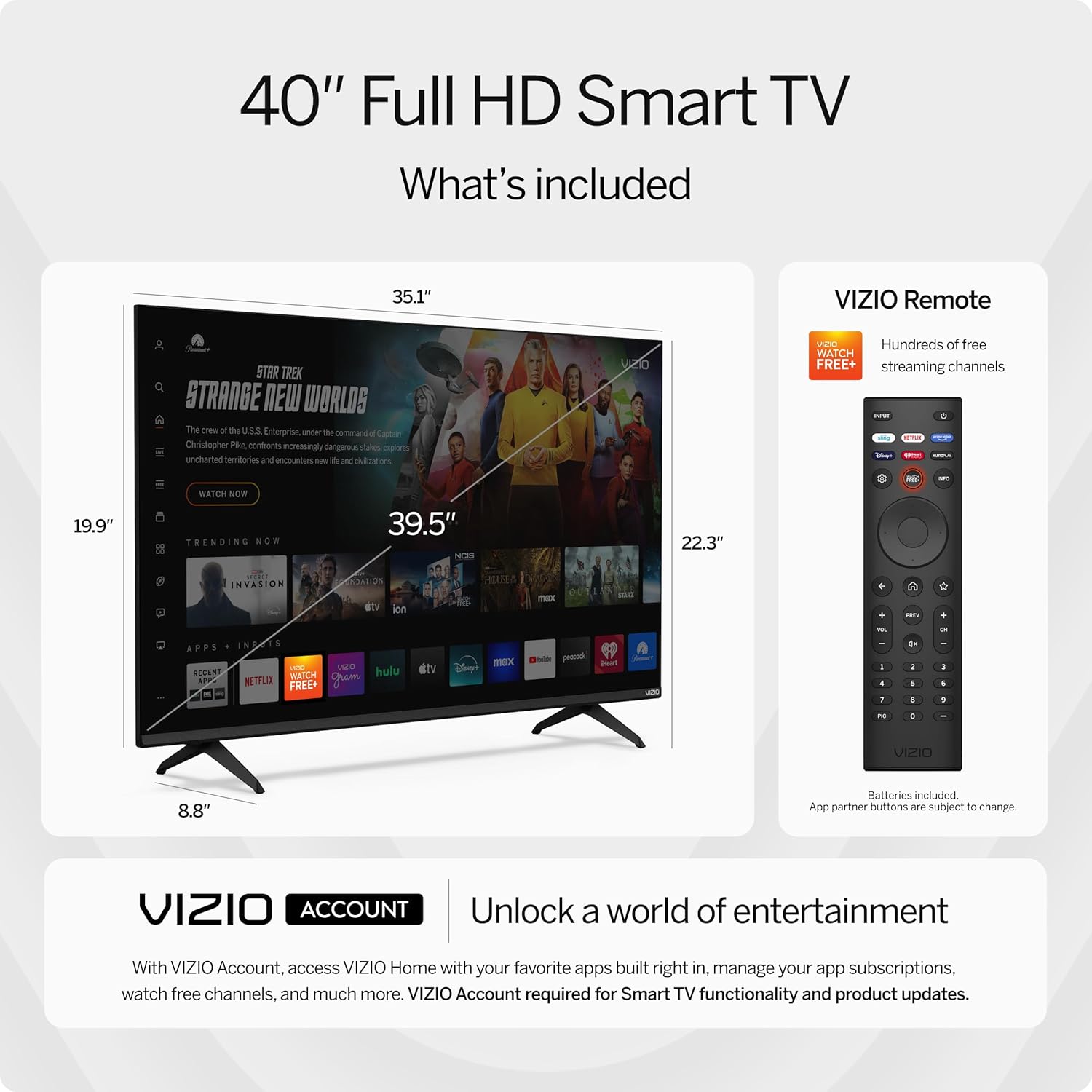 40-Inch Full HD 1080P Smart TV with DTS Virtual: X, Alexa Compatibility, Google Cast Built-In, Bluetooth Headphone Capable, (VFD40M-08 New)