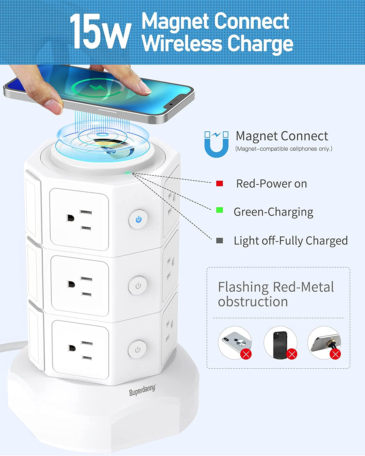 Revolutionize Your Charging Experience with the SUPERDANNY Power Strip Tower - Featuring 15W Magnetic Wireless Charger, 12 AC Outlets, 6 USB Ports, and 6.5Ft Retractable Cord in Sleek White Design