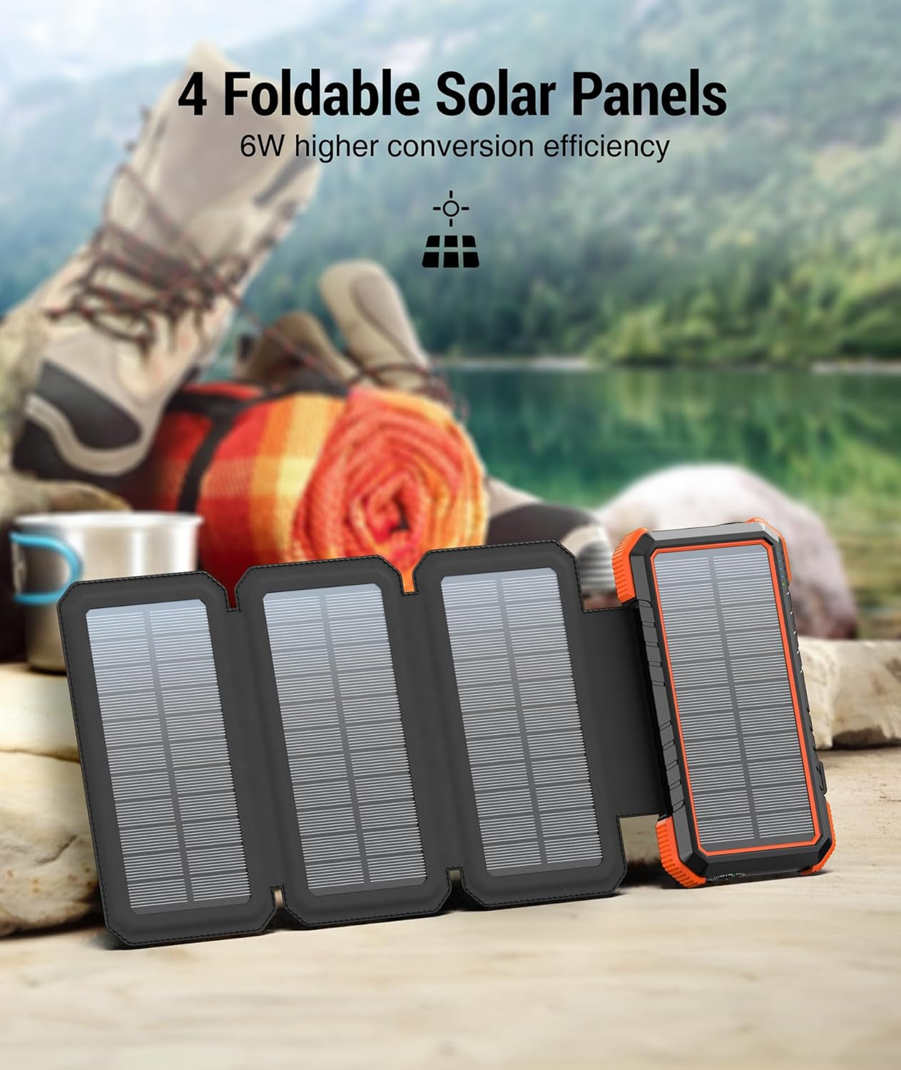 BLAVOR Solar Charger Power Bank, PD 18W Fast Charging 20000Mah Battery Pack with 4 Foldable Panels, Portable Solar Powered USB C Charger with Camping Flashlight Compass Carabiner for Cell Phone