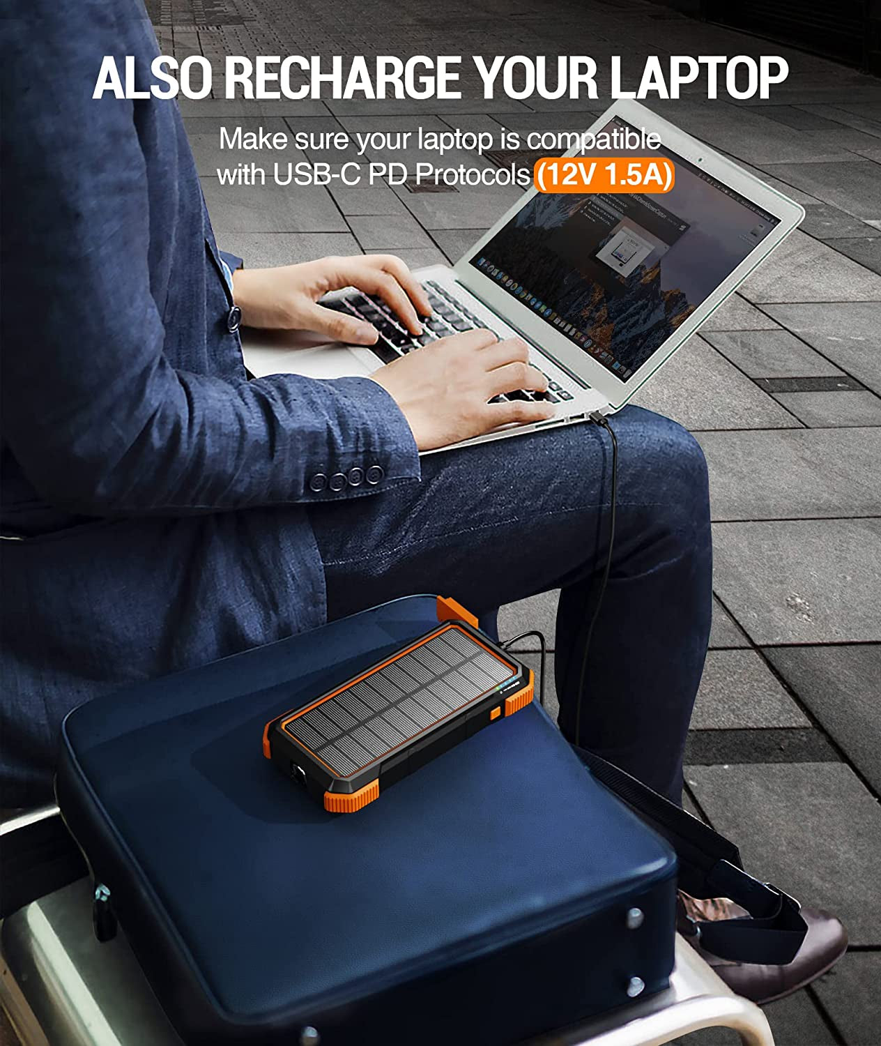 BLAVOR Solar Power Bank, PD18W QC3.0 Fast Charging 10W Wireless Charger 20000Mah Solar Powered Powerbank with Type C Input/Output, IPX5 Waterproof, Camping Flashlight, Compass, Carabiner