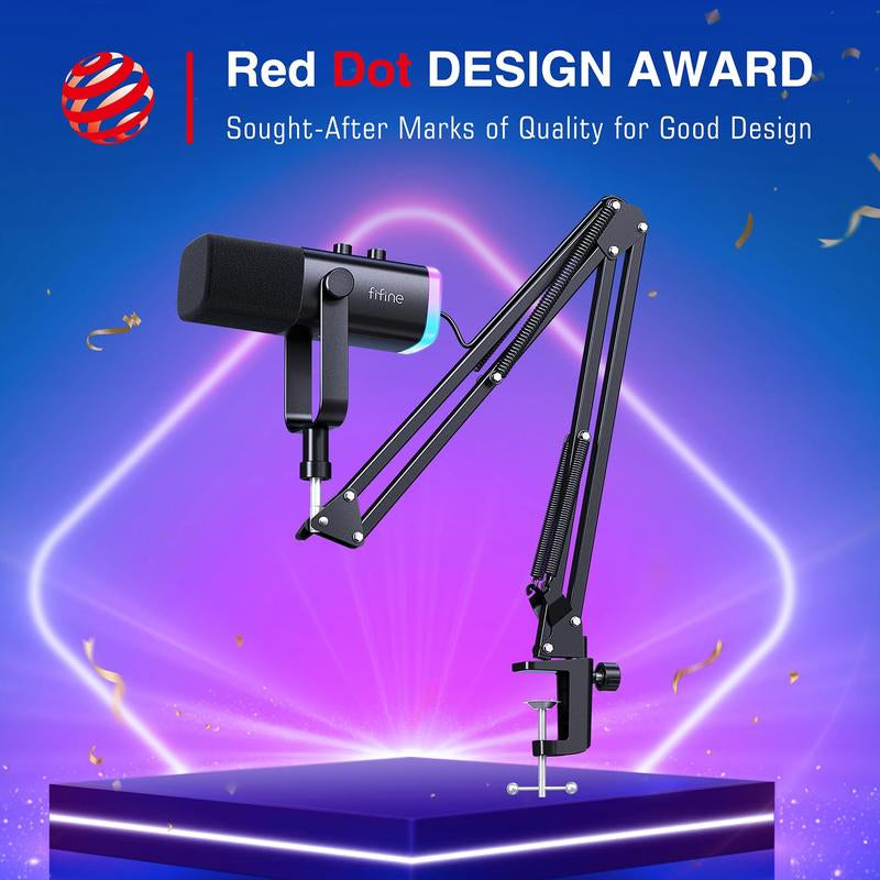 FIFINE AM8T Dynamic XLR USB Gaming Microphone Set for Streaming and Podcasting, Complete RGB Mic Kit with Boom Arm, Mute Button, and Headphone Jack for Vocal Recording and Voice-Over