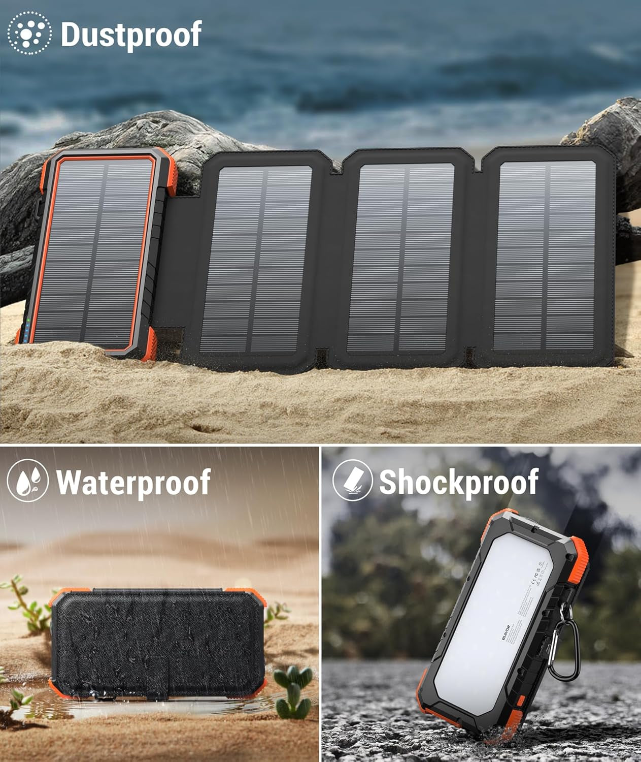 BLAVOR Solar Charger Power Bank, PD 18W Fast Charging 20000Mah Battery Pack with 4 Foldable Panels, Portable Solar Powered USB C Charger with Camping Flashlight Compass Carabiner for Cell Phone