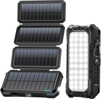BLAVOR Solar Charger Power Bank, PD 18W Fast Charging 20000Mah Battery Pack with 4 Foldable Panels, Portable Solar Powered USB C Charger with Camping Flashlight Compass Carabiner for Cell Phone