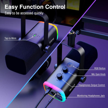 FIFINE AM8T Dynamic XLR USB Gaming Microphone Set for Streaming and Podcasting, Complete RGB Mic Kit with Boom Arm, Mute Button, and Headphone Jack for Vocal Recording and Voice-Over