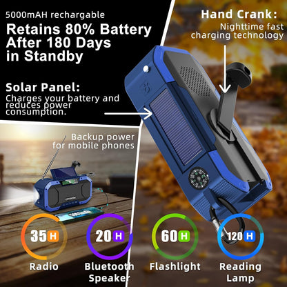 Auto Scan Emergency Weather Radio with Bluetooth Speaker NOAA FM Am,5000Mah Phong Power Bank with Usb-C/Hank Crank/Solar,Flashlight,Microsd Playback,Sos Alarm for Indoor/Outdoor Emergencies Survival