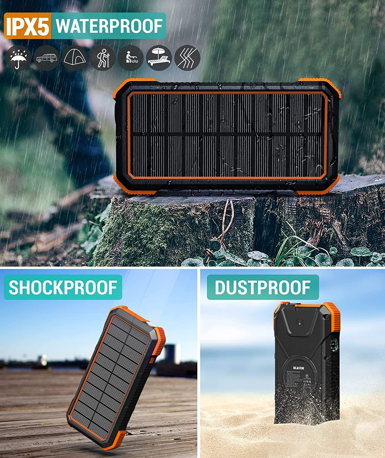 BLAVOR Solar Power Bank, PD18W QC3.0 Fast Charging 10W Wireless Charger 20000Mah Solar Powered Powerbank with Type C Input/Output, IPX5 Waterproof, Camping Flashlight, Compass, Carabiner