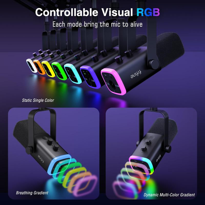 FIFINE AM8T Dynamic XLR USB Gaming Microphone Set for Streaming and Podcasting, Complete RGB Mic Kit with Boom Arm, Mute Button, and Headphone Jack for Vocal Recording and Voice-Over