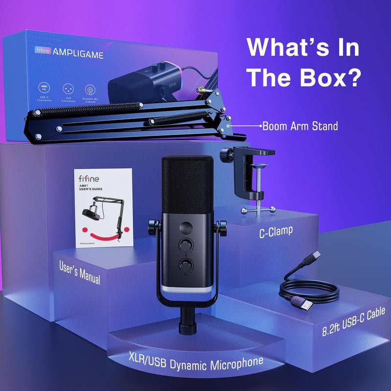 FIFINE AM8T Dynamic XLR USB Gaming Microphone Set for Streaming and Podcasting, Complete RGB Mic Kit with Boom Arm, Mute Button, and Headphone Jack for Vocal Recording and Voice-Over